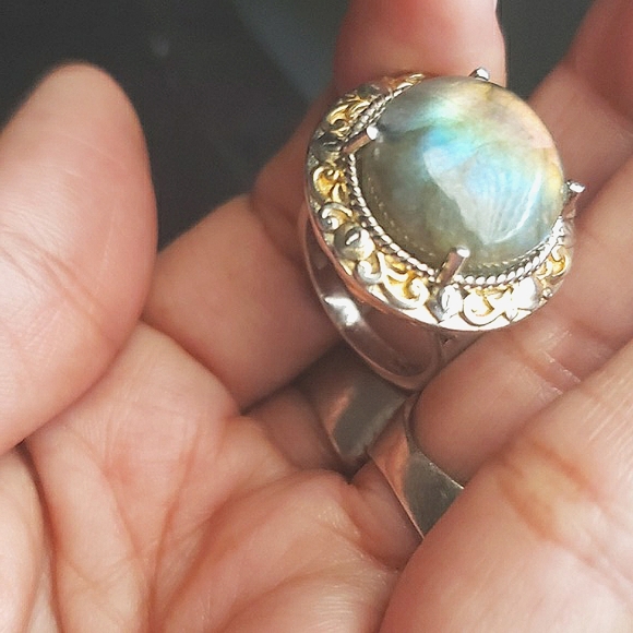 BIG LABADORITE STERLING OVER STAINLESS STEEL WITH GOLD Overlay SZ 8 RING Bird - Picture 3 of 9